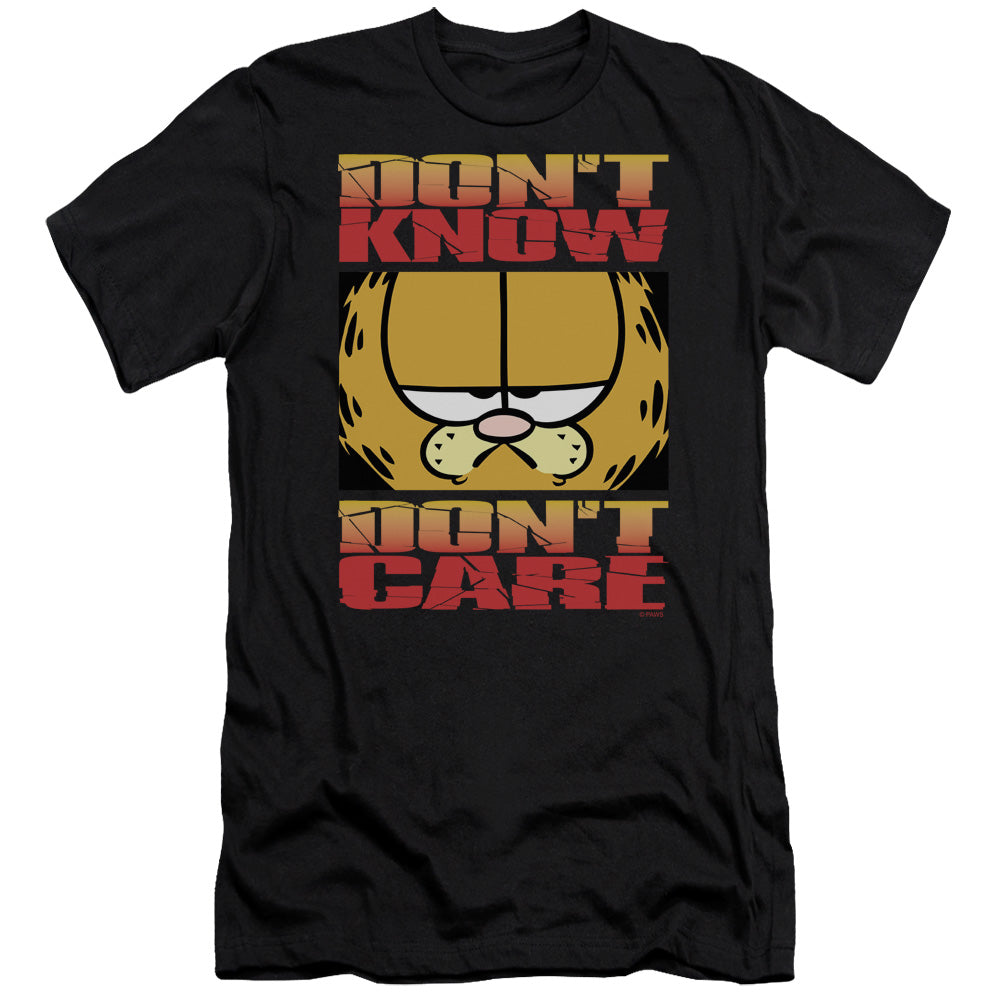 AN OFFCIALLY LICENSED GARFIELD DONT KNOW DONT CARE MEN'S PREMIUM SLIM FIT T-SHIRT BLACK