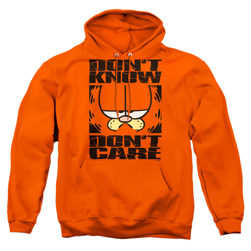 AN OFFCIALLY LICENSED GARFIELD DONT KNOW DONT CARE ADULT UNISEX PULLOVER HOODIE ORANGE