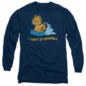 AN OFFCIALLY LICENSED GARFIELD I DONT DO MORNINGS MEN'S LONG SLEEVE T-SHIRT NAVY