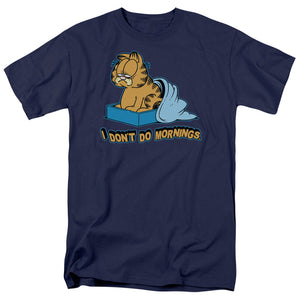 AN OFFCIALLY LICENSED GARFIELD I DONT DO MORNINGS MEN'S REGULAR FIT T-SHIRT NAVY