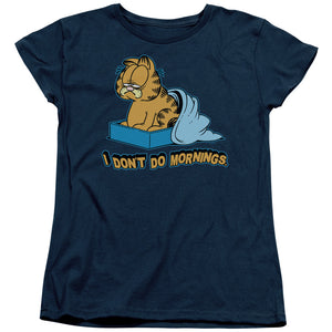 AN OFFCIALLY LICENSED GARFIELD I DONT DO MORNINGS WOMEN'S REGULAR FIT T-SHIRT NAVY