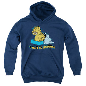 AN OFFCIALLY LICENSED GARFIELD I DONT DO MORNINGS YOUTH HOODIE NAVY