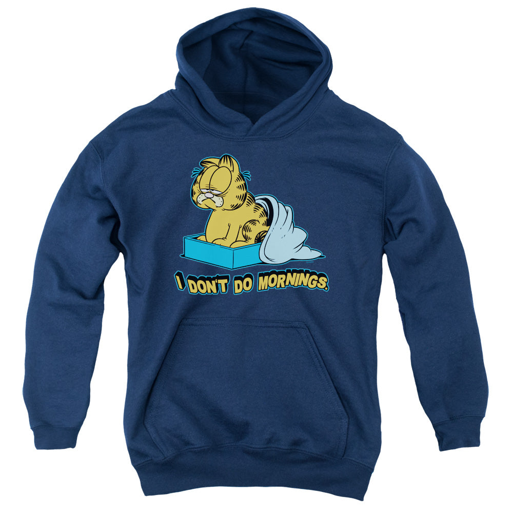 AN OFFCIALLY LICENSED GARFIELD I DONT DO MORNINGS YOUTH HOODIE NAVY