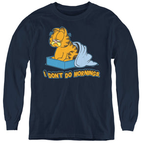 AN OFFCIALLY LICENSED GARFIELD I DONT DO MORNINGS YOUTH LONG SLEEVE T-SHIRT NAVY