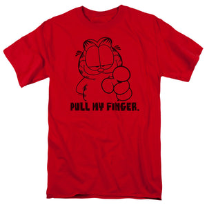 AN OFFCIALLY LICENSED GARFIELD PULL MY FINGER MEN'S REGULAR FIT T-SHIRT RED