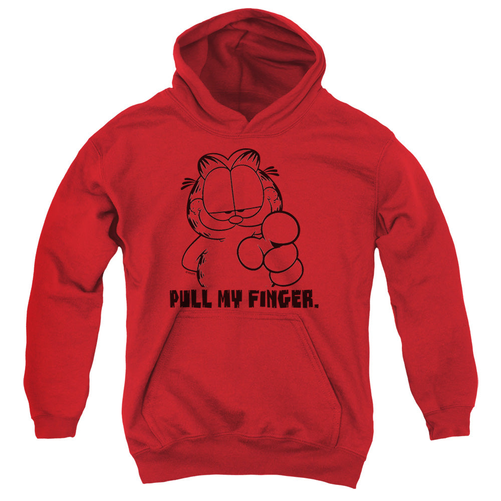 AN OFFCIALLY LICENSED GARFIELD PULL MY FINGER YOUTH HOODIE RED