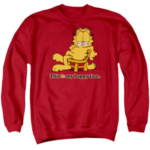 AN OFFCIALLY LICENSED GARFIELD HAPPY FACE ADULT UNISEX CREWNECK SWEATSHIRT RED
