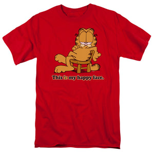 AN OFFCIALLY LICENSED GARFIELD HAPPY FACE MEN'S REGULAR FIT T-SHIRT RED