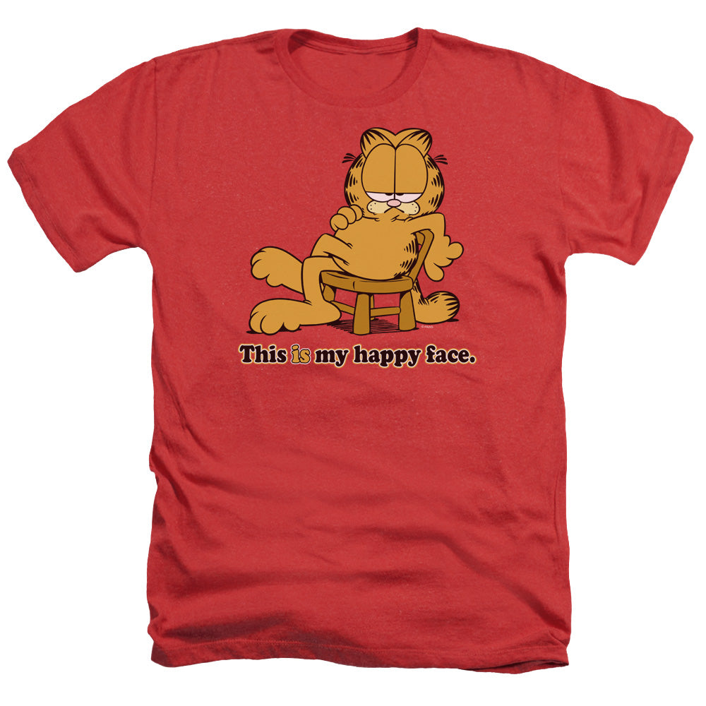 AN OFFCIALLY LICENSED GARFIELD HAPPY FACE MEN'S HEATHER T-SHIRT RED