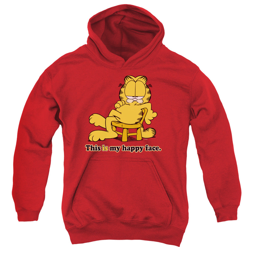 AN OFFCIALLY LICENSED GARFIELD HAPPY FACE YOUTH HOODIE RED