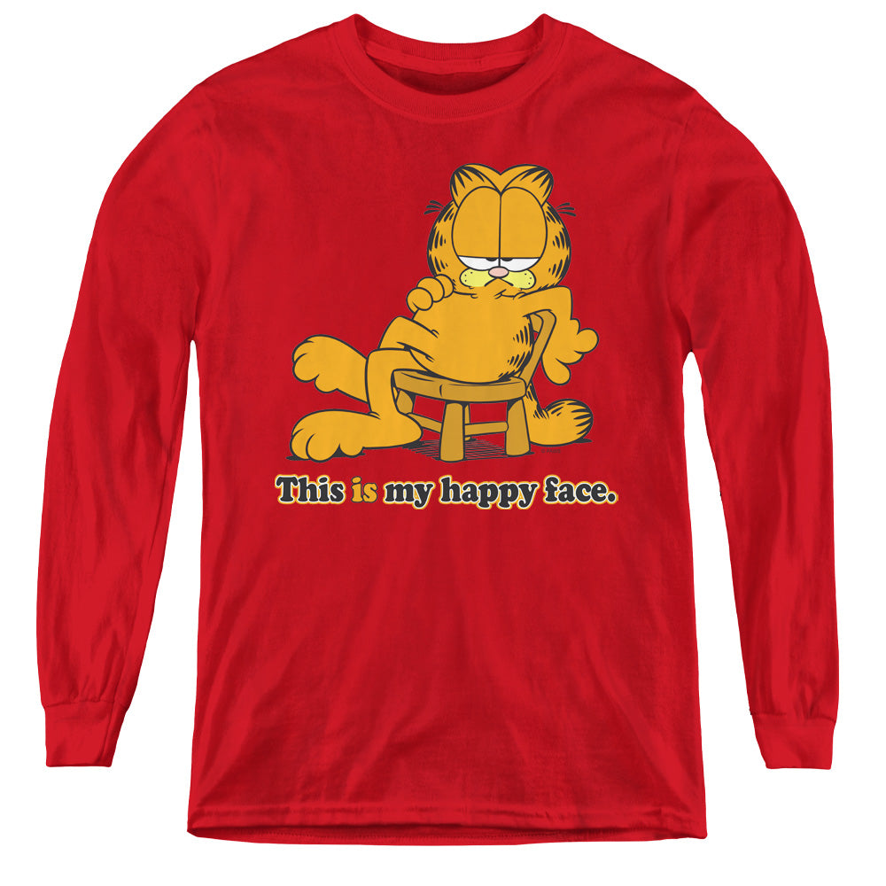 AN OFFCIALLY LICENSED GARFIELD HAPPY FACE YOUTH LONG SLEEVE T-SHIRT RED