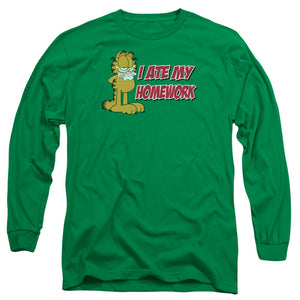 AN OFFCIALLY LICENSED GARFIELD I ATE MY HOMEWORK MEN'S LONG SLEEVE T-SHIRT KELLY GREEN