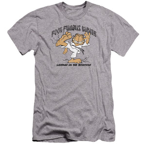 AN OFFCIALLY LICENSED GARFIELD FOOT FUNGUS KARATE MEN'S PREMIUM SLIM FIT T-SHIRT ATHLETIC HEATHER