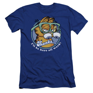 AN OFFCIALLY LICENSED GARFIELD PERFORMING MEN'S PREMIUM SLIM FIT T-SHIRT ROYAL