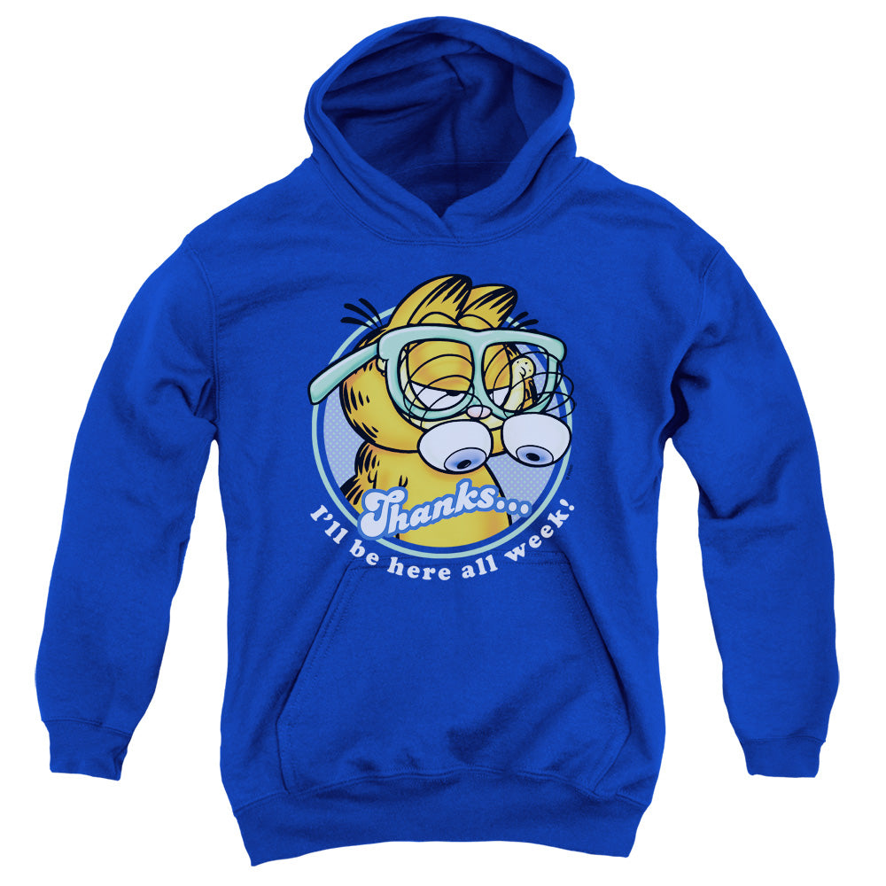 AN OFFCIALLY LICENSED GARFIELD PERFORMING YOUTH HOODIE ROYAL