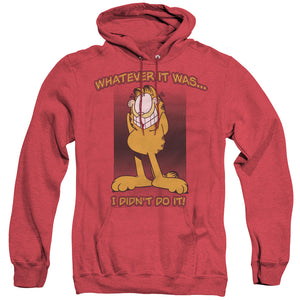 AN OFFCIALLY LICENSED GARFIELD I DIDNT DO IT ADULT UNISEX HEATHER PULLOVER HOODIE RED