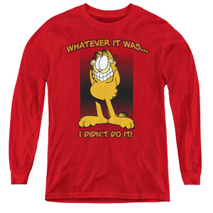 AN OFFCIALLY LICENSED GARFIELD I DIDNT DO IT YOUTH LONG SLEEVE T-SHIRT RED