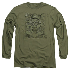 AN OFFCIALLY LICENSED GARFIELD GENERAL LAZINESS MEN'S LONG SLEEVE T-SHIRT MILITARY GREEN