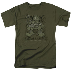 AN OFFCIALLY LICENSED GARFIELD GENERAL LAZINESS MEN'S REGULAR FIT T-SHIRT MILITARY GREEN