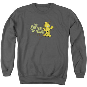 AN OFFCIALLY LICENSED GARFIELD JUST PRETEND IM LISTENING ADULT UNISEX CREWNECK SWEATSHIRT CHARCOAL