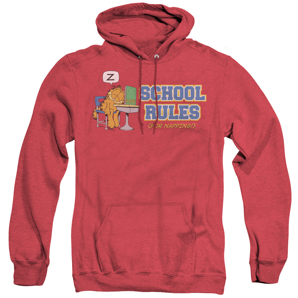 AN OFFCIALLY LICENSED GARFIELD SCHOOL RULES ADULT UNISEX HEATHER PULLOVER HOODIE RED