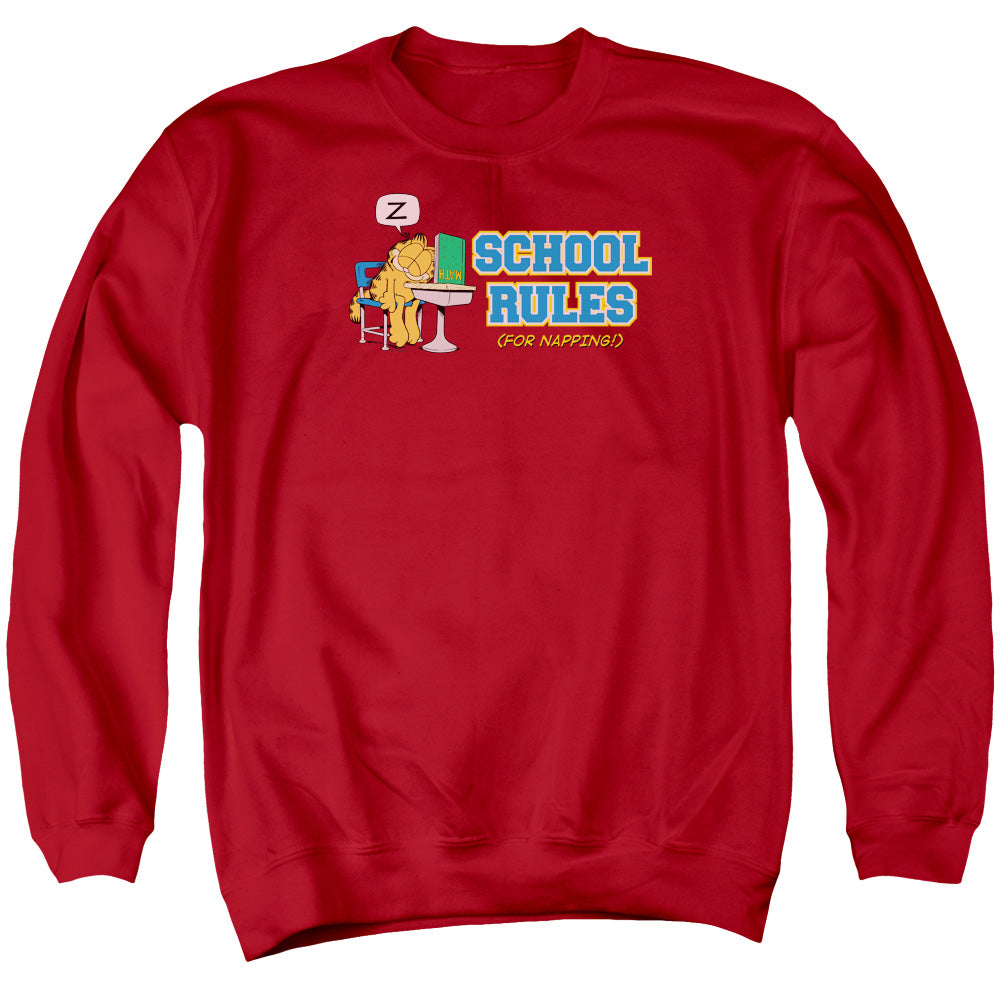 AN OFFCIALLY LICENSED GARFIELD SCHOOL RULES ADULT UNISEX CREWNECK SWEATSHIRT RED