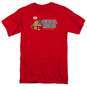 AN OFFCIALLY LICENSED GARFIELD SCHOOL RULES MEN'S REGULAR FIT T-SHIRT RED