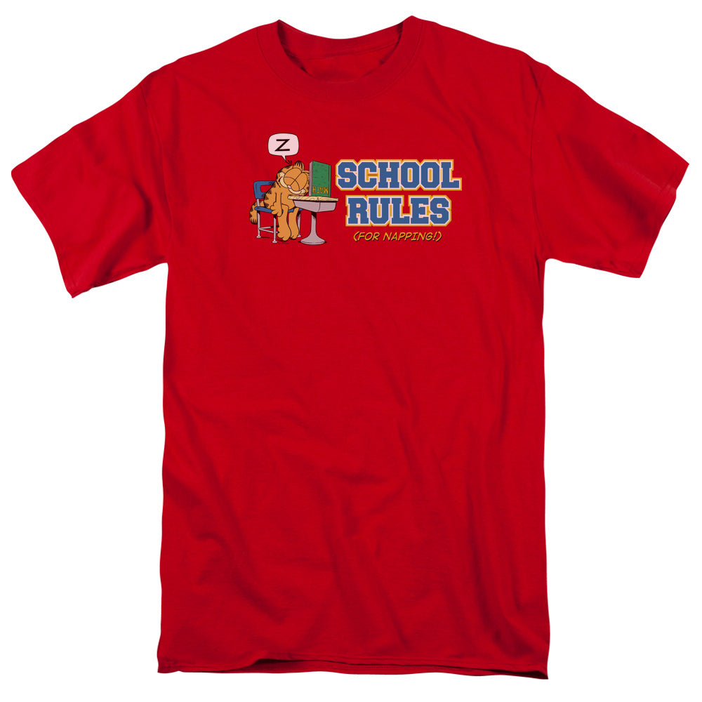 AN OFFCIALLY LICENSED GARFIELD SCHOOL RULES MEN'S REGULAR FIT T-SHIRT RED