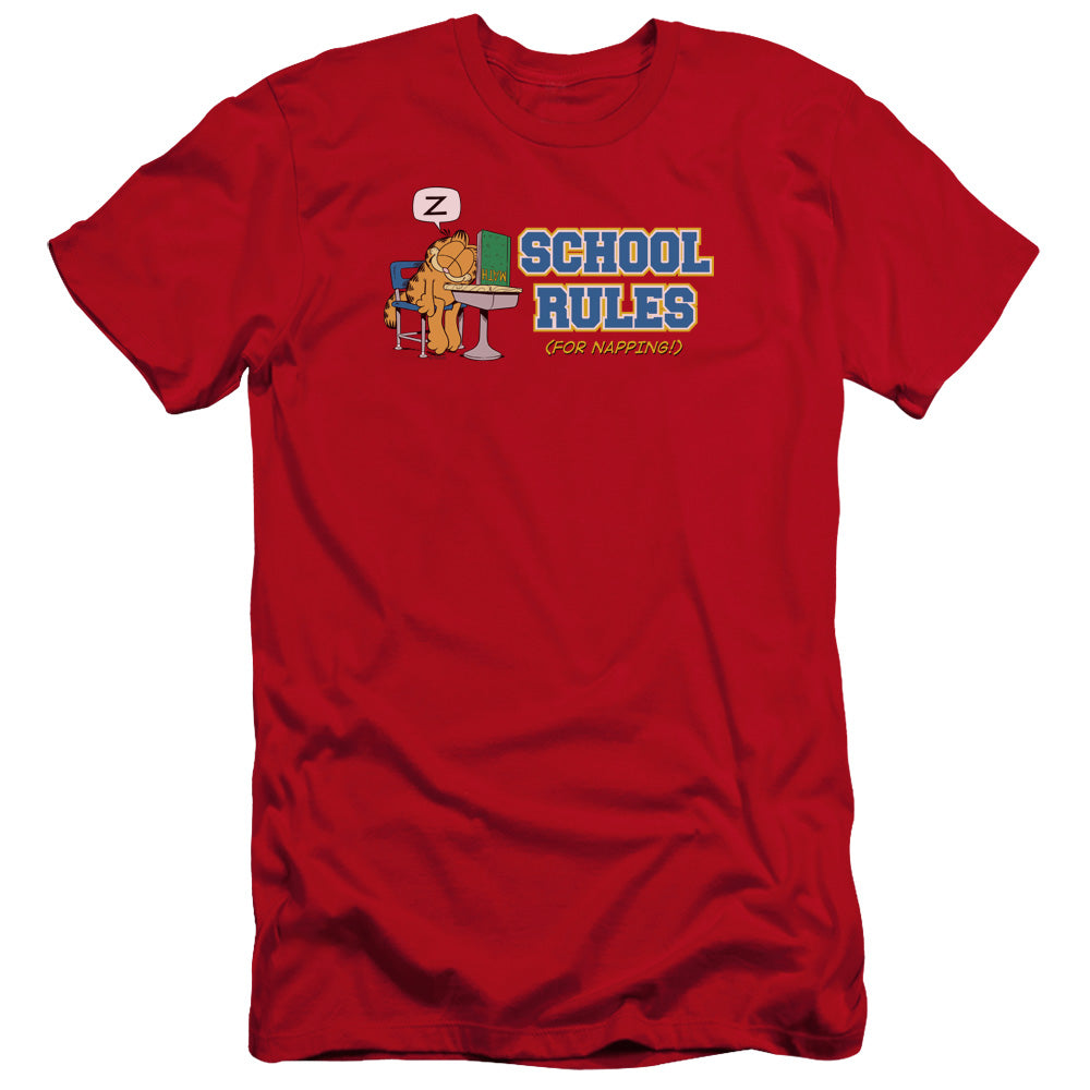 AN OFFCIALLY LICENSED GARFIELD SCHOOL RULES MEN'S PREMIUM SLIM FIT T-SHIRT RED