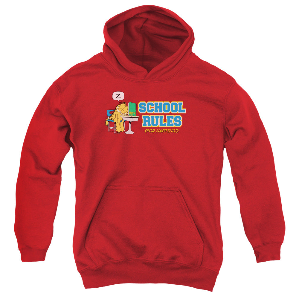AN OFFCIALLY LICENSED GARFIELD SCHOOL RULES YOUTH HOODIE RED