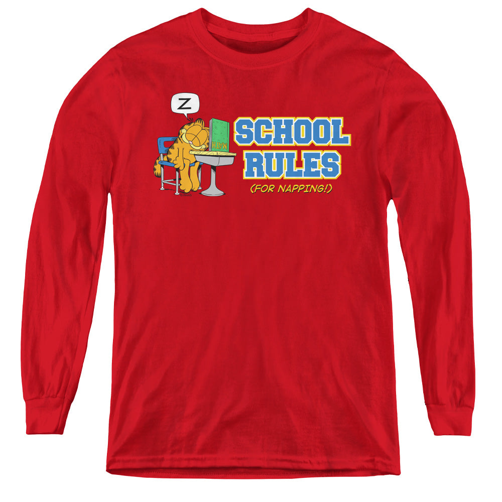 AN OFFCIALLY LICENSED GARFIELD SCHOOL RULES YOUTH LONG SLEEVE T-SHIRT RED