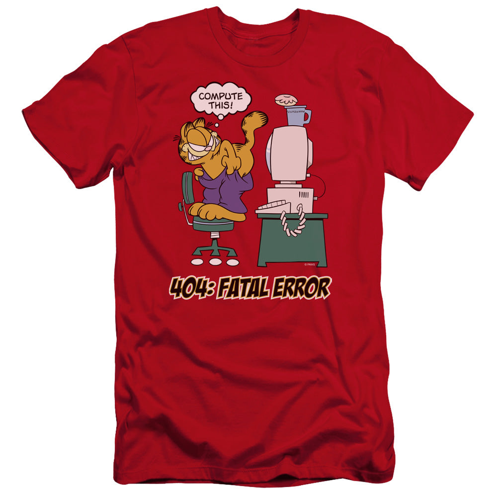 AN OFFCIALLY LICENSED GARFIELD COMPUTE THIS MEN'S PREMIUM SLIM FIT T-SHIRT RED