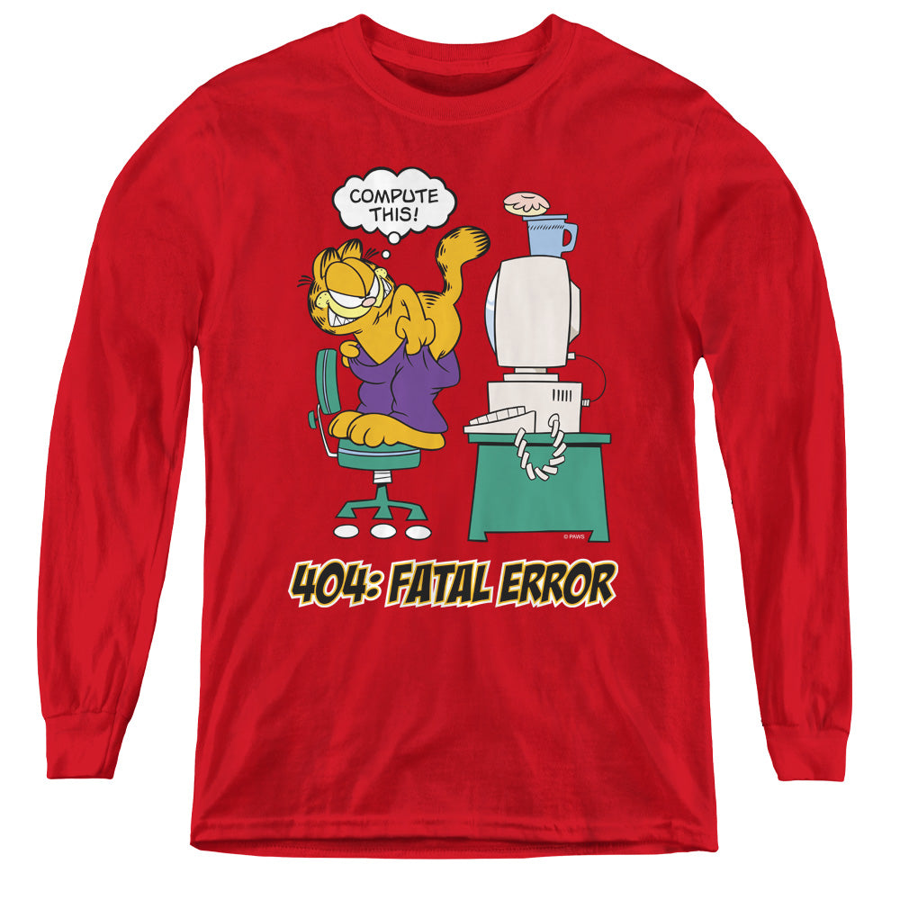 AN OFFCIALLY LICENSED GARFIELD COMPUTE THIS YOUTH LONG SLEEVE T-SHIRT RED