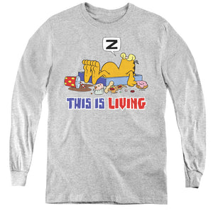 AN OFFCIALLY LICENSED GARFIELD THIS IS LIVING YOUTH LONG SLEEVE T-SHIRT ATHLETIC HEATHER