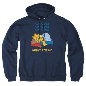 AN OFFCIALLY LICENSED GARFIELD WORKS FOR ME ADULT UNISEX PULLOVER HOODIE NAVY