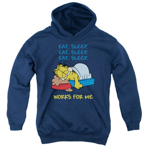 AN OFFCIALLY LICENSED GARFIELD WORKS FOR ME YOUTH HOODIE NAVY