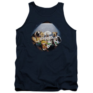 AN OFFCIALLY LICENSED GARFIELD PLAYING WITH THE BIG DOGS ADULT UNISEX TANK TOP NAVY