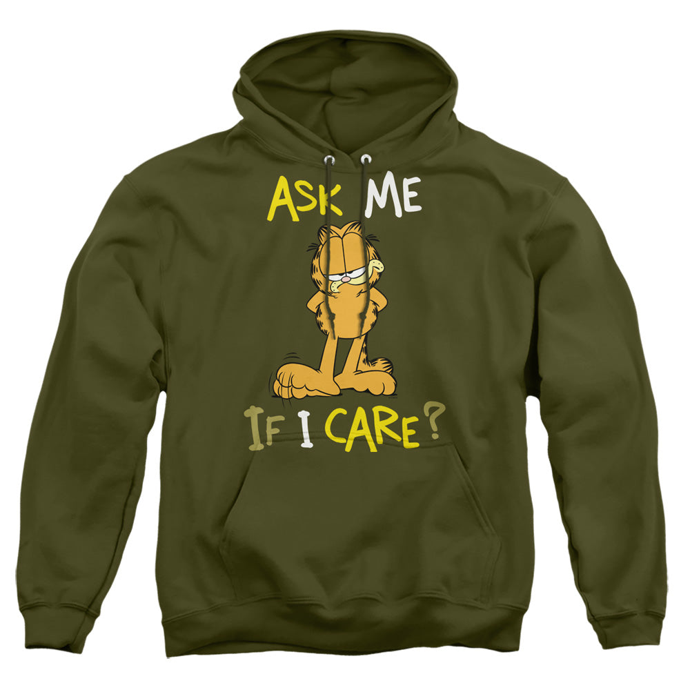 AN OFFCIALLY LICENSED GARFIELD ASK ME IF I CARE ADULT UNISEX PULLOVER HOODIE MILITARY GREEN