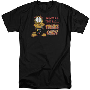 AN OFFCIALLY LICENSED GARFIELD TREATS ONLY MEN'S TALL FIT T-SHIRT BLACK