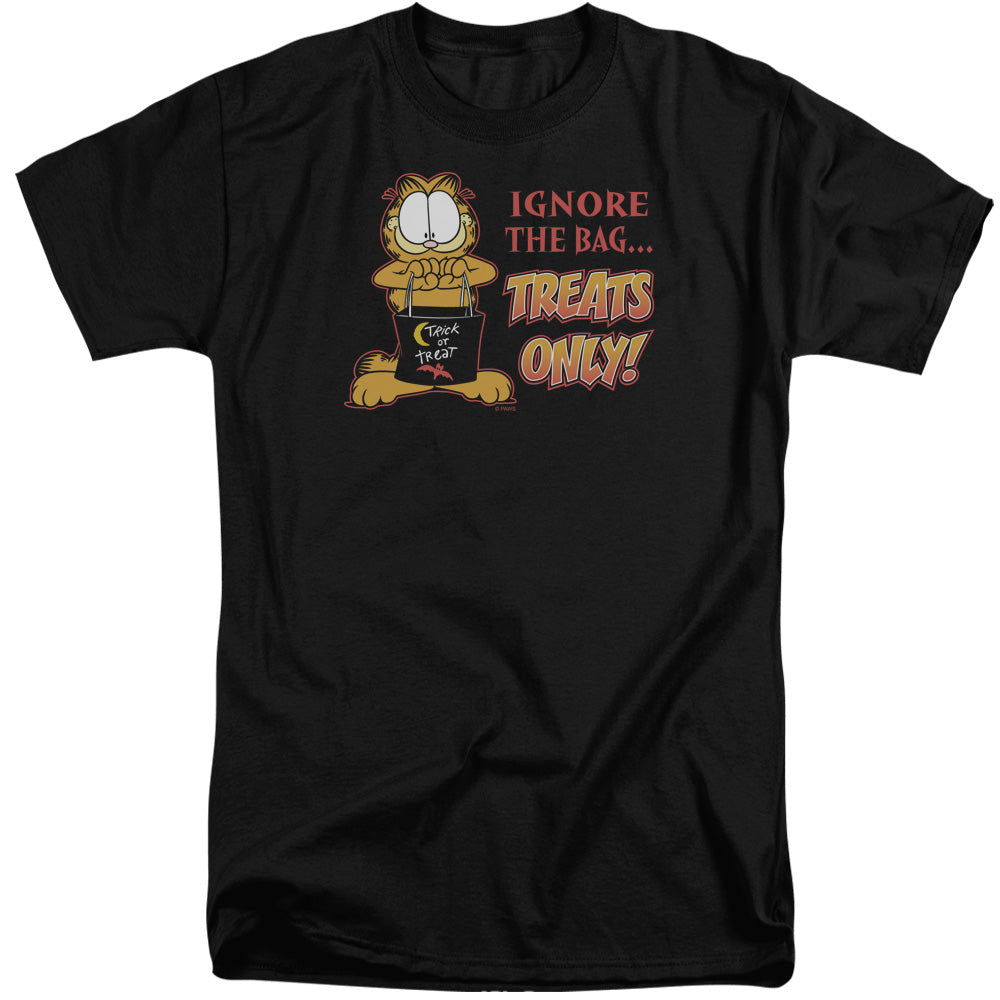 AN OFFCIALLY LICENSED GARFIELD TREATS ONLY MEN'S TALL FIT T-SHIRT BLACK