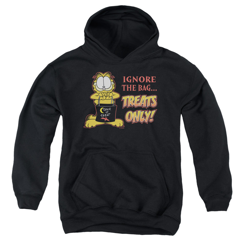 AN OFFCIALLY LICENSED GARFIELD TREATS ONLY YOUTH HOODIE BLACK