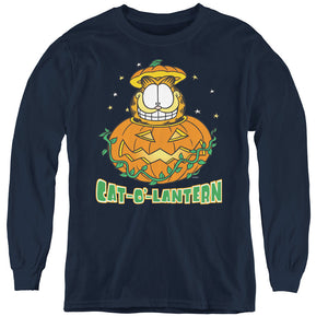 AN OFFCIALLY LICENSED GARFIELD CAT O LANTERN YOUTH LONG SLEEVE T-SHIRT NAVY