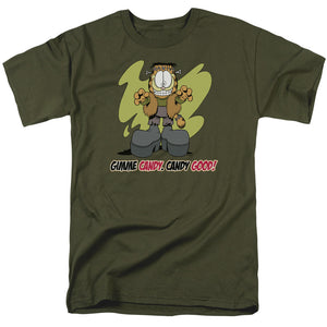 AN OFFCIALLY LICENSED GARFIELD CANDY GOOD MEN'S REGULAR FIT T-SHIRT MILITARY GREEN