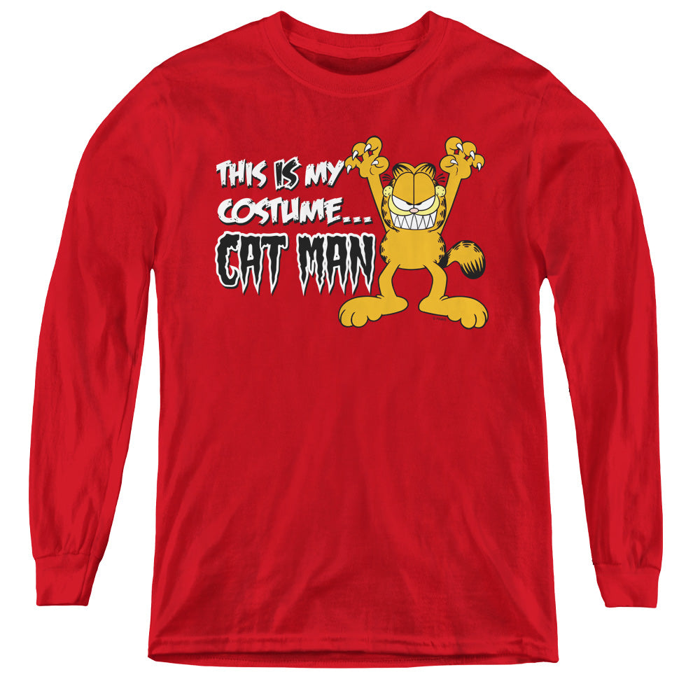 AN OFFCIALLY LICENSED GARFIELD CAT MAN YOUTH LONG SLEEVE T-SHIRT RED