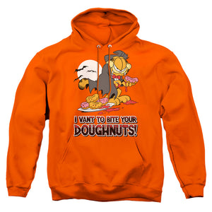 AN OFFCIALLY LICENSED GARFIELD I VANT DOUGHNUTS ADULT UNISEX PULLOVER HOODIE ORANGE