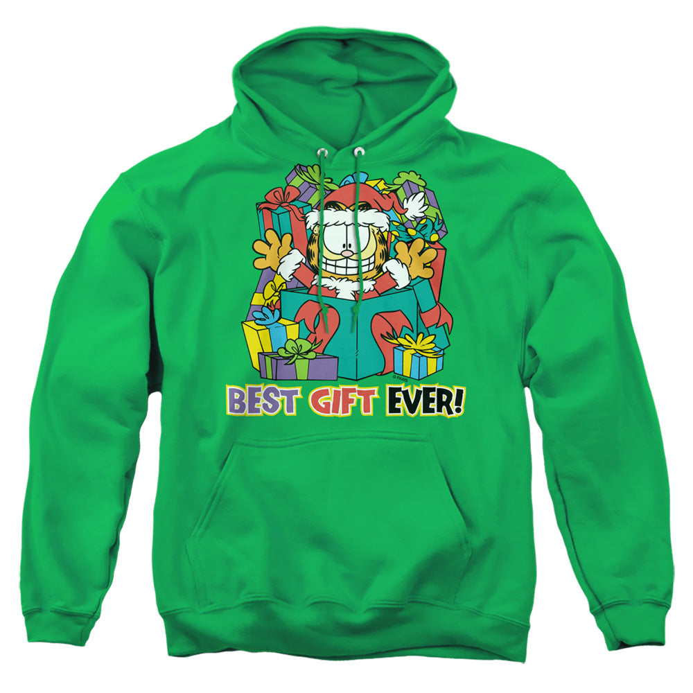 AN OFFCIALLY LICENSED GARFIELD BEST GIFT EVER ADULT UNISEX PULLOVER HOODIE KELLY GREEN