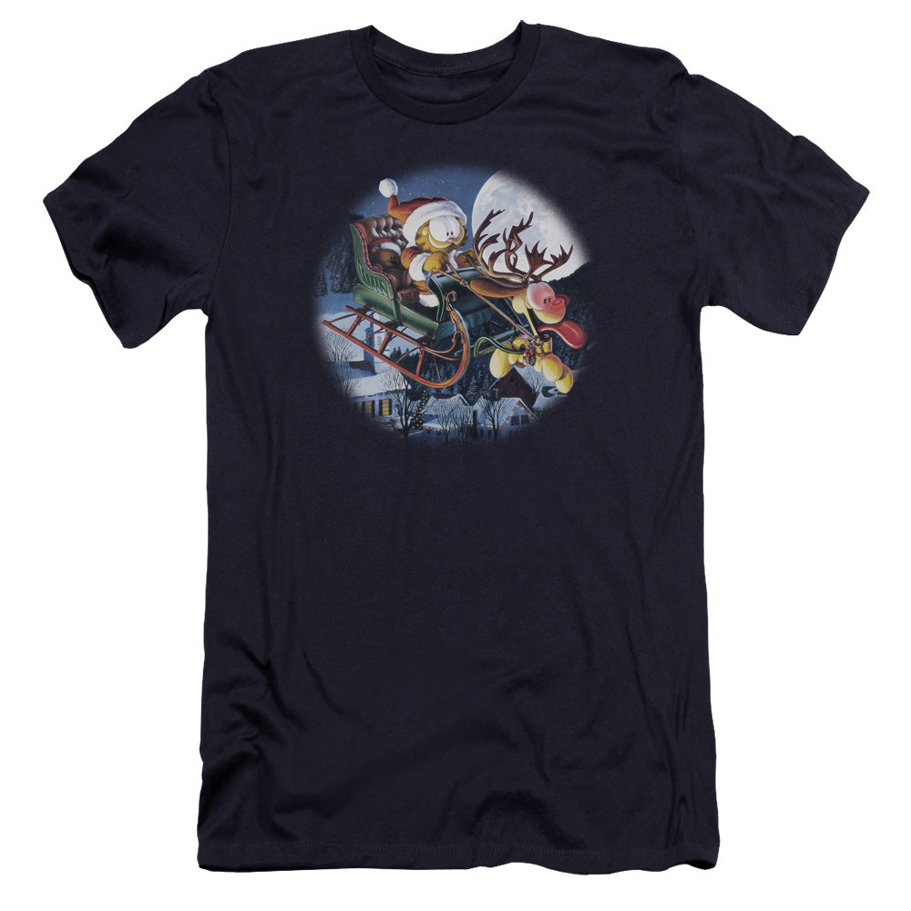 AN OFFCIALLY LICENSED GARFIELD MOONLIGHT RIDE MEN'S PREMIUM SLIM FIT T-SHIRT NAVY