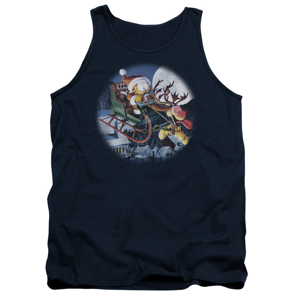 AN OFFCIALLY LICENSED GARFIELD MOONLIGHT RIDE ADULT UNISEX TANK TOP NAVY
