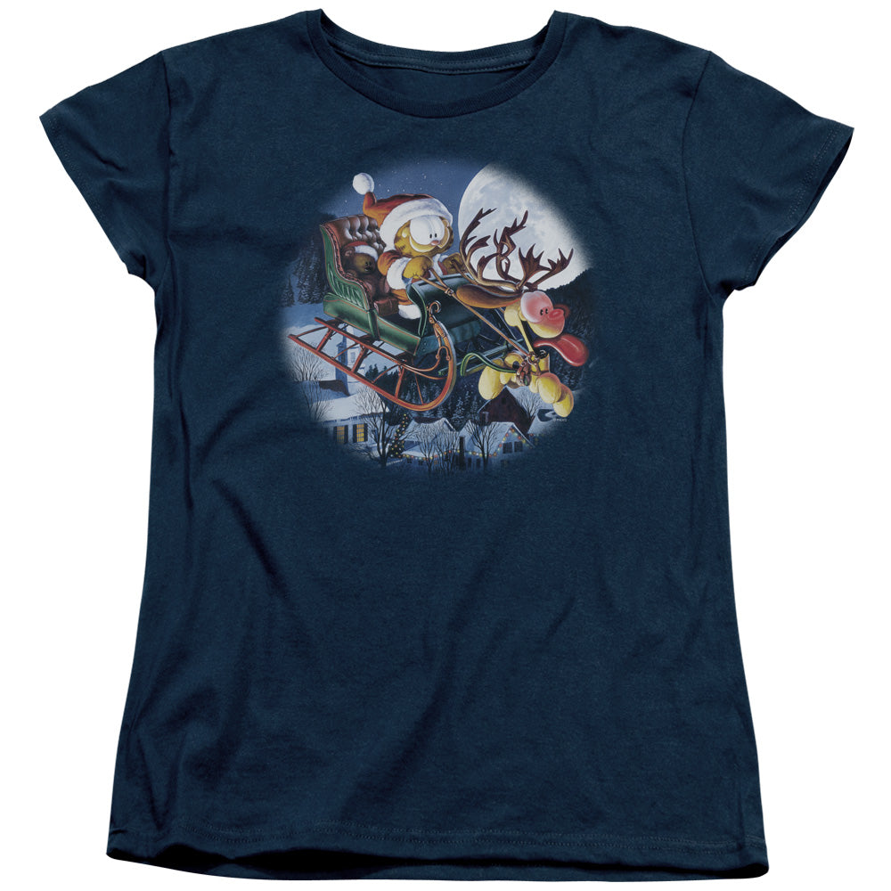 AN OFFCIALLY LICENSED GARFIELD MOONLIGHT RIDE WOMEN'S REGULAR FIT T-SHIRT NAVY