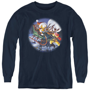 AN OFFCIALLY LICENSED GARFIELD MOONLIGHT RIDE YOUTH LONG SLEEVE T-SHIRT NAVY